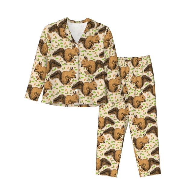Fotbe Cute Squirrel with Green Leaves Conjunto de Pijama de Manga Larga para Mujer con Estampado, Ropa de Dormir de 2 Piezas, Conjunto de Casa Suave y Cómodo con Bolsillos-XX-Large