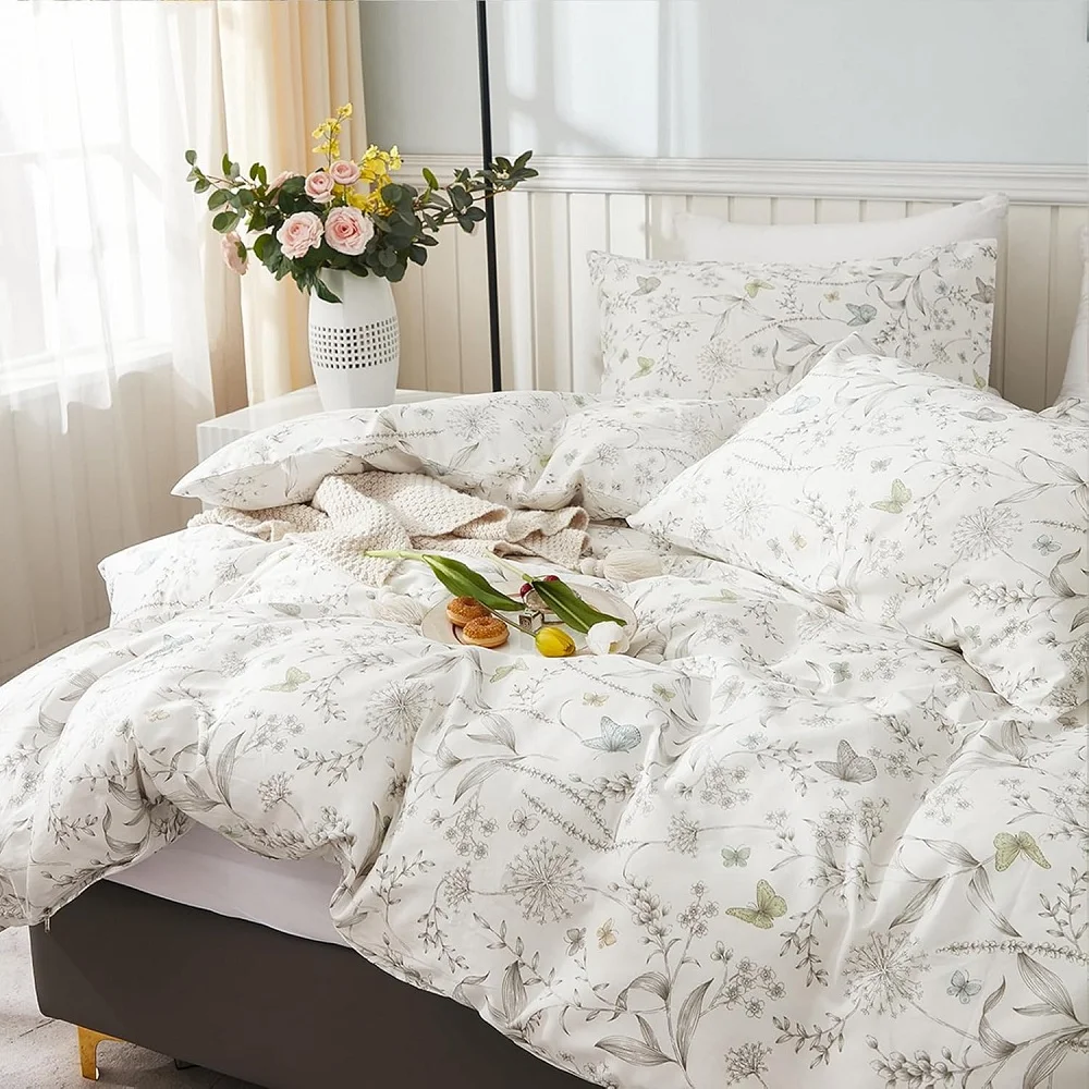 JOLUSERE 100% Cotton Duvet Cover White Floral Duvet Cover Set with Colorful Butterfly Pattern Queen Size,Pearl White
