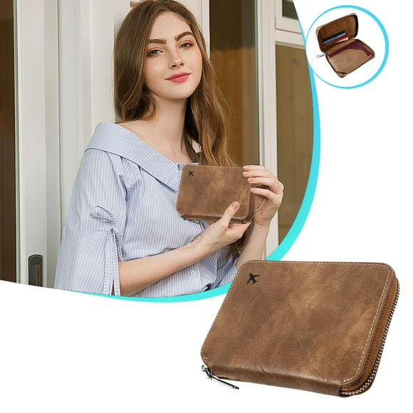 Cartera portapasaportes | Estuche organizador de viaje con bloqueo RFID - Estuche de cuero con cremallera para pasaportes, tarjetas de crédito, ranuras SIM - Compacto 4.25x3.94x1.06 in | Hombres y