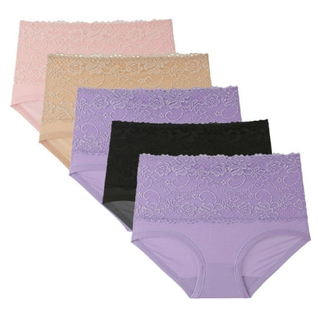 5 Pack Womens Cotton Thongs High-Cut Full Coverage Stretch Cool Underwear High Waisted No Show Panties Underpants Comfort Waist with Lace High Waist Briefs Seamless Thong Plus Size V-Waist Shorts