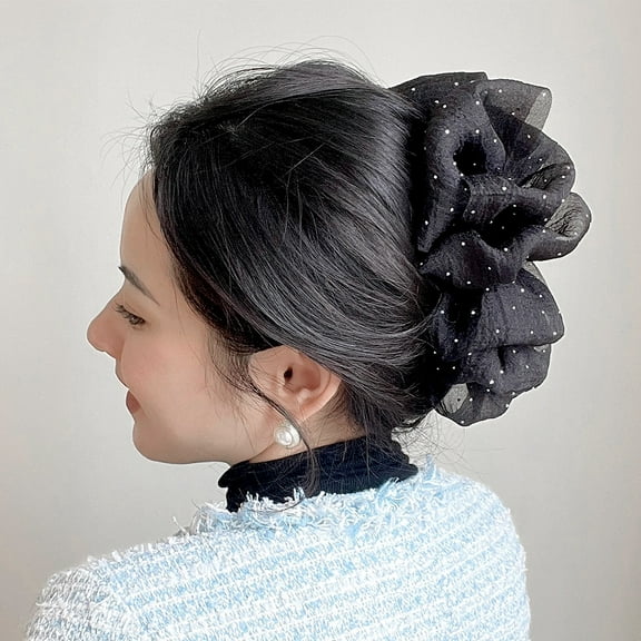 Black Tulle Mesh Bow Hair Clips, Sweet Cute Pretty Bowknot Large Claw Clips Non Slip Rhinestone Chiffon Silk Bows Hair Clip Strong Hold Solid Color Big Mesh Tulle Claw Clip Hair Accessories for Women