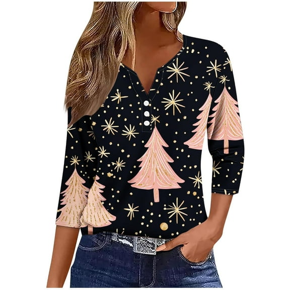 Christmas Womens Long Sleeve Tops 3/4 Sleeve Jingle Bells Sweaters Holiday Festive Lightweight Cropped Hooded Pullover Casual Business Party