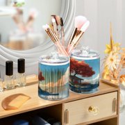 2 Pack Qtip Holder Dispenser Tree House on Island Clear Plastic Storage Apothecary Jars for Cotton Swabs Balls Pads Floss