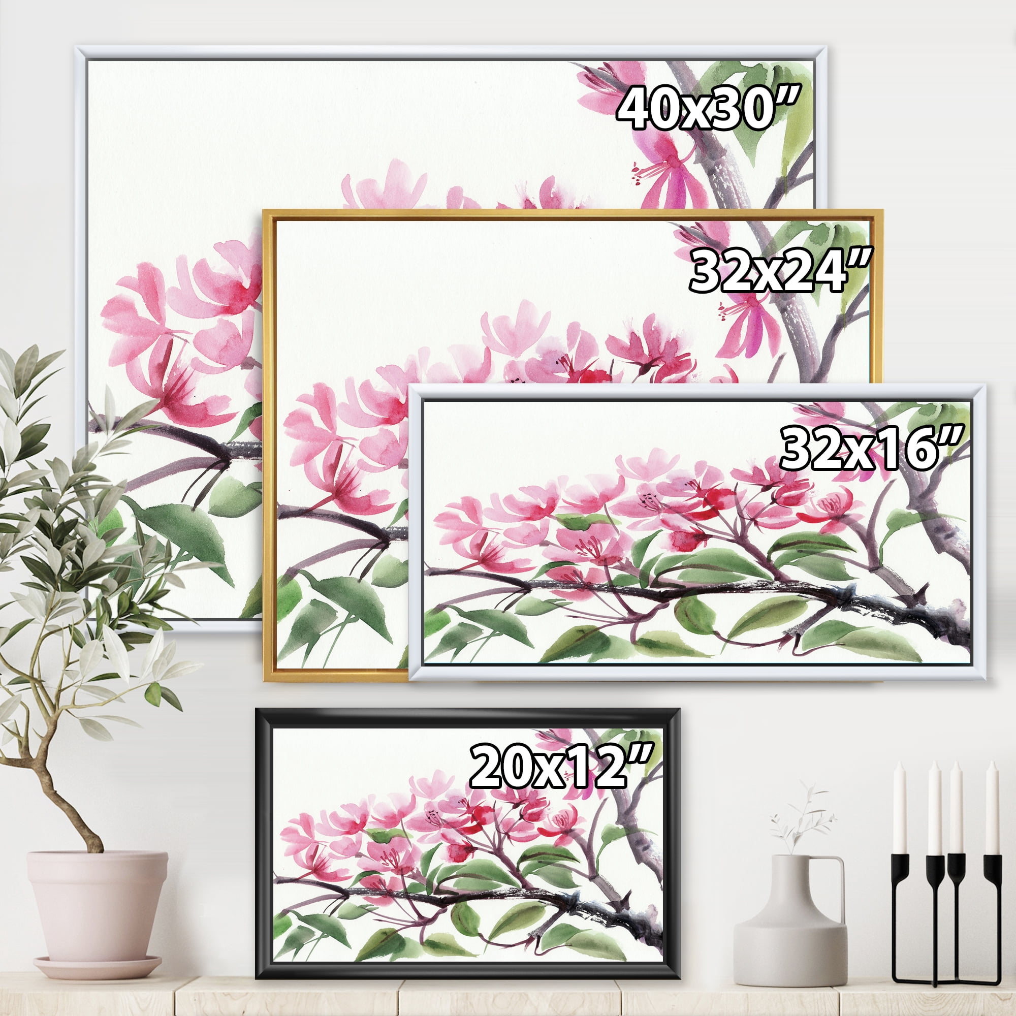 Designart 'Pink Blossoming Floral Tree' Traditional Framed Canvas Wall Art Print
