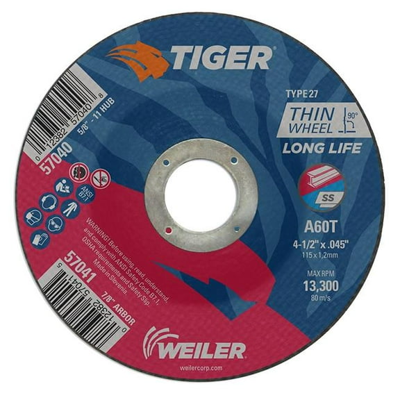 Weiler 804-57041 4.5 x .045 x 875 in. Tiger Type 27 Thin Cutting Wheel, A60T, Pack of 25