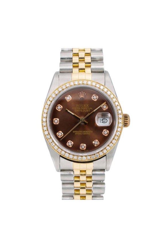 Pre-Owned Rolex Datejust 36MM 16013 Brown Diamond Dial Diamond Bezel Two Tone Yellow Gold Jubilee Bracelet 1.2ct