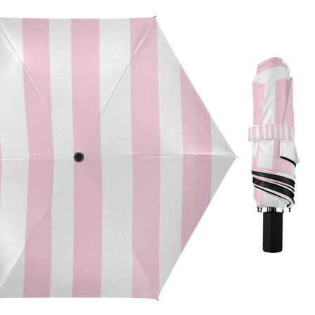 Compact Sun Umbrella Windproof Travel Umbrellas for Rain Strong Portable UV Protection Pale Pink and White Striped