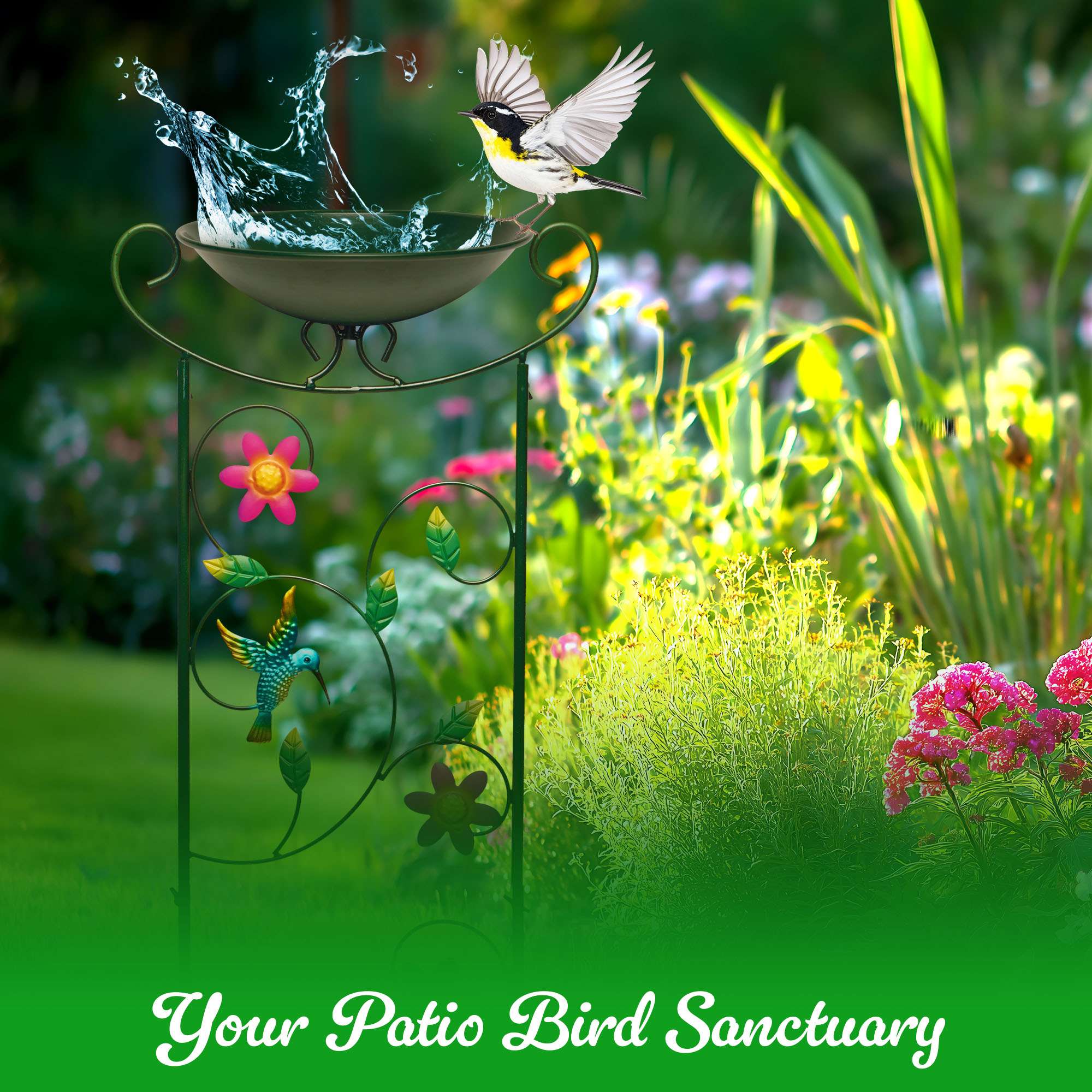 G128 35 Inch Antique Garden Iron Bird Bath with Trellis, Decorative Hummingbirds, Detachable Bowl, Metal Potted Plant Support, Elegant Outdoor Garden Bird Feeder