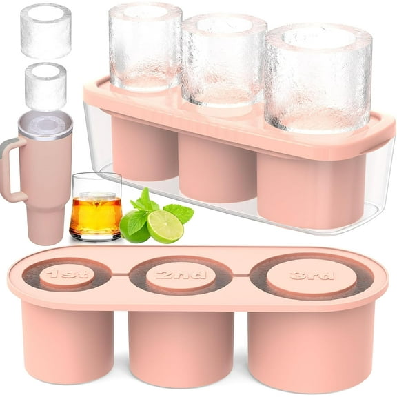 Ice Cube Tray for Tumbler Cup 30Oz-40Oz, 3 Pcs Silicone Cylinder Ice Mold with Lid and Bin for Freezer, Easy Fill and Release Ice Maker for Whiskey, Cocktail BPA-Free（pink）