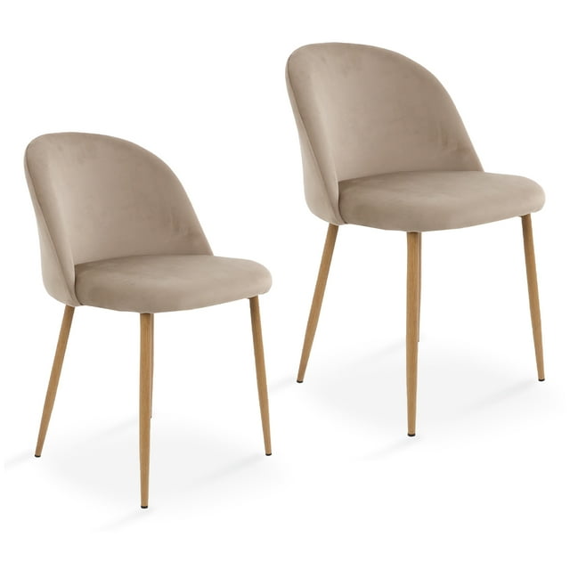 Sillas de Comedor de Terciopelo con Patas de Acero Acabado Tipo Madera Estilo Moderno - Sillas de Comedor Tapizadas Minimalista con Relleno Suave Set 2 Piezas Taupe