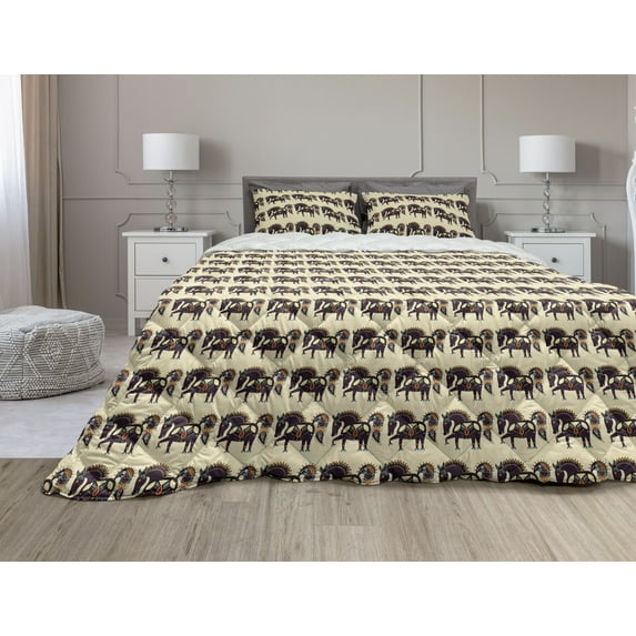 Folk Art Comforter & Sham Bedding Set, Inspired Pattern of Ornamental Horse Ukrainian Karakoko Style, 3 pcs Duvet Set Microfiber Filling Quilt, 5 Sizes, Cream Multicolor, by Ambesonne