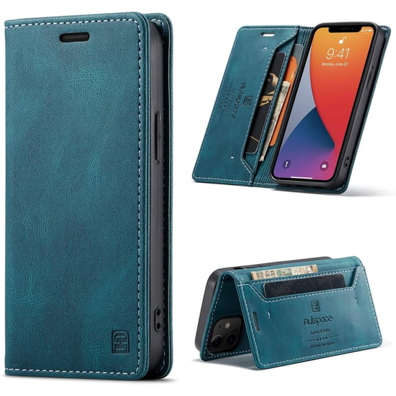 Case for iPhone 12/iPhone 12 Pro 6.1 inch, Retro Matte Protective Leather Case with RFID Blocking Viewing Stand Magnetic Closure TPU Shell Flip Cover - Blue