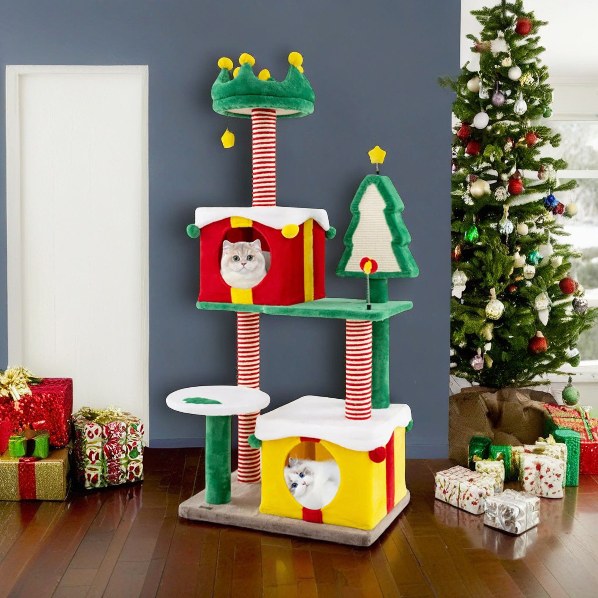 Kadyn 61" Cute Christmas Cat Tree for Indoor Cats with Scratching Posts and Carpet, Multi-Level Cat Tower with Gift Box-shaped Cat Condos, Multicolor