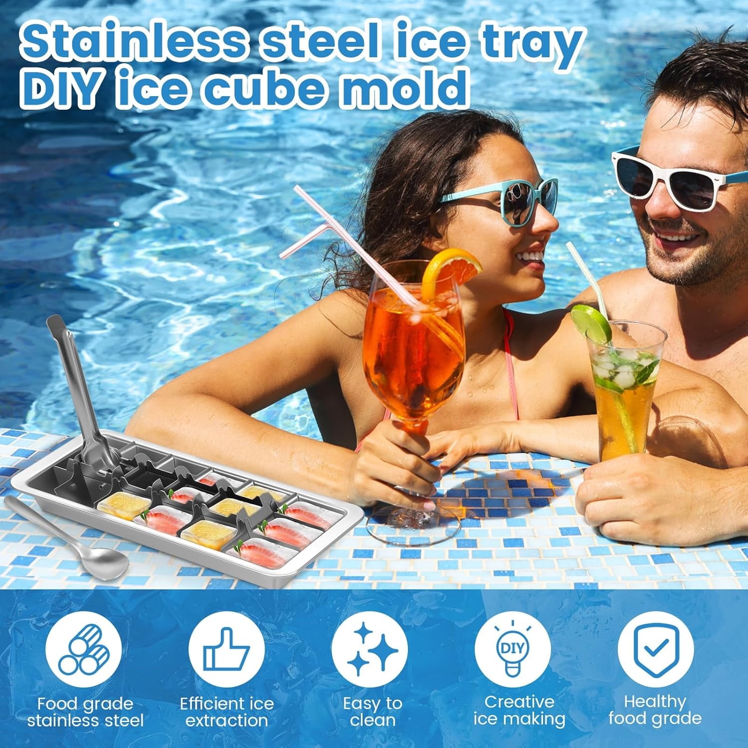 2 Pcs Stainless Steel Ice Cube Tray 18 Slot Ice Cube Maker Metal Ice Cube Mold with Easy Release Handle for Kitchen & Bar,Heavy Duty-Removal and Cleaning