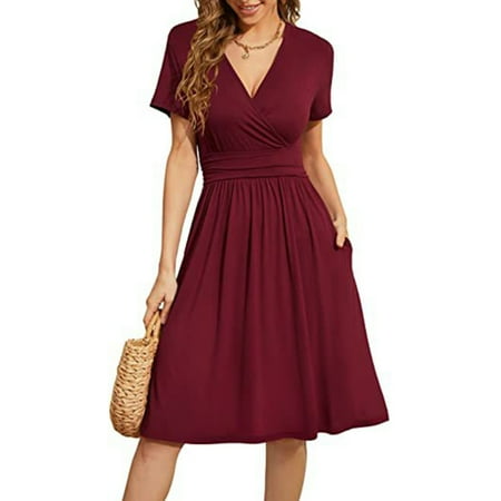 

Casual Women s Summer Dress with Pockets V-Neck Short Sleeve Midi Dress for Dating Shopping Solid Color Breathable Women s Skirt V-Neck Wine Red 2XL
