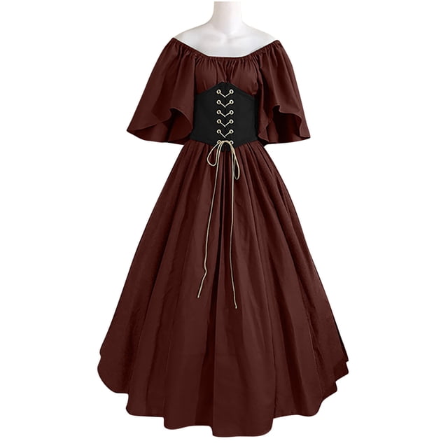 LSLJS Robe Col Rond Manches Évasées Épaules Dénudées Medieval Robes Vintage avec Corset Patchwork Robe de Bal
