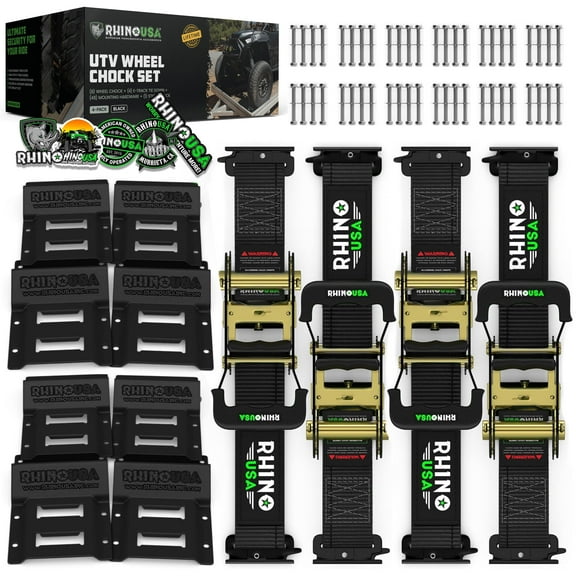 Rhino USA Wheel Chock Tie Down Kit (4,500lb Break Strength) 4 Tire Ratchet Straps (8) Chocks - Black