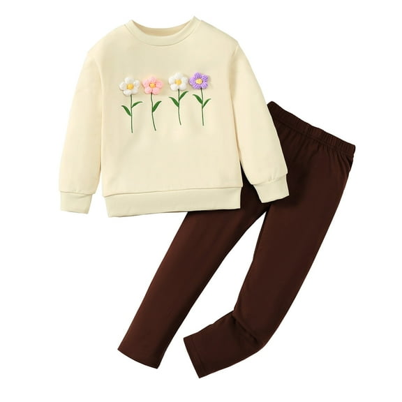 4T Baby Girls Clothes 4T Girls Fall Winter Pant Set Toddler Girls Long Sleeve Round Neckline Cute Flower Top Pants 2PCS Set Apricot