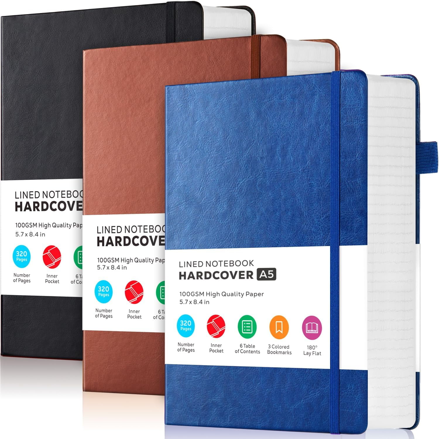 Hardcover Lined Notebook Journal for Writing, 320 Pages Leather Thick College Ruled Notebook Journal with 100GSM Paper, A5 (5.7'' X 8.4'') Daily Journal for Women Men Work Organization, Black