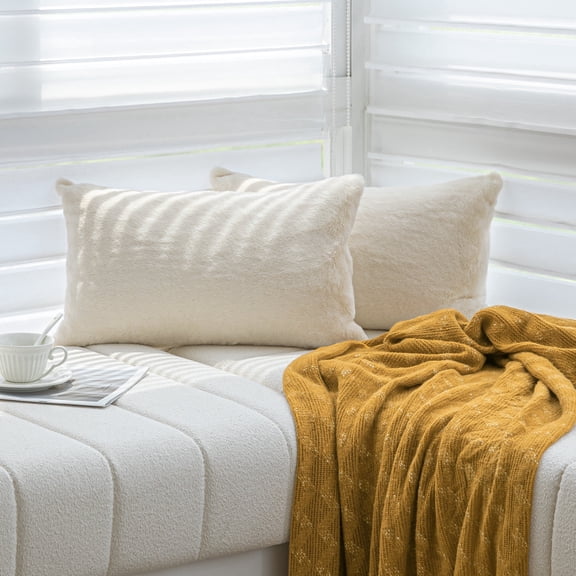 Sonive 2 Pack Faux Rabbit Fur Dual Texture Throw pillow cover 12"×20", Decorative Furry Fuzzy Pillow Shams with Invisible Zipper Bedroom Living Room, White