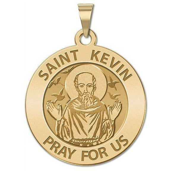 Saint Kevin Religious Medal - 3/4 Inch Size of a Nickel in Solid 14K Yellow Gold