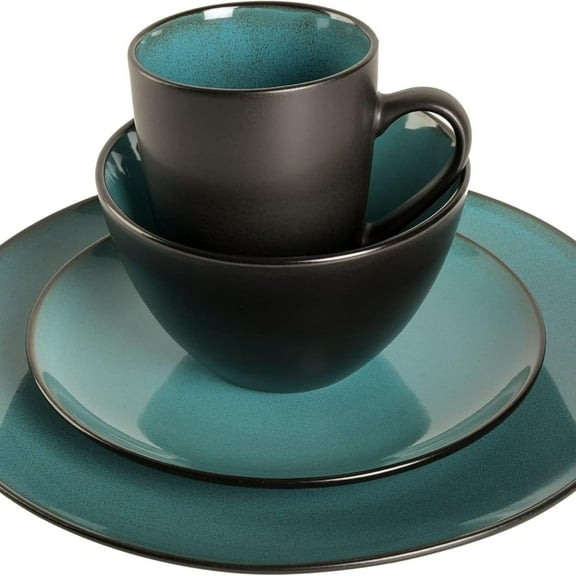 16-Piece Round Reactive Glaze Stoneware Dinnerware Set, Service for 4 – Teal Plates and Bowls