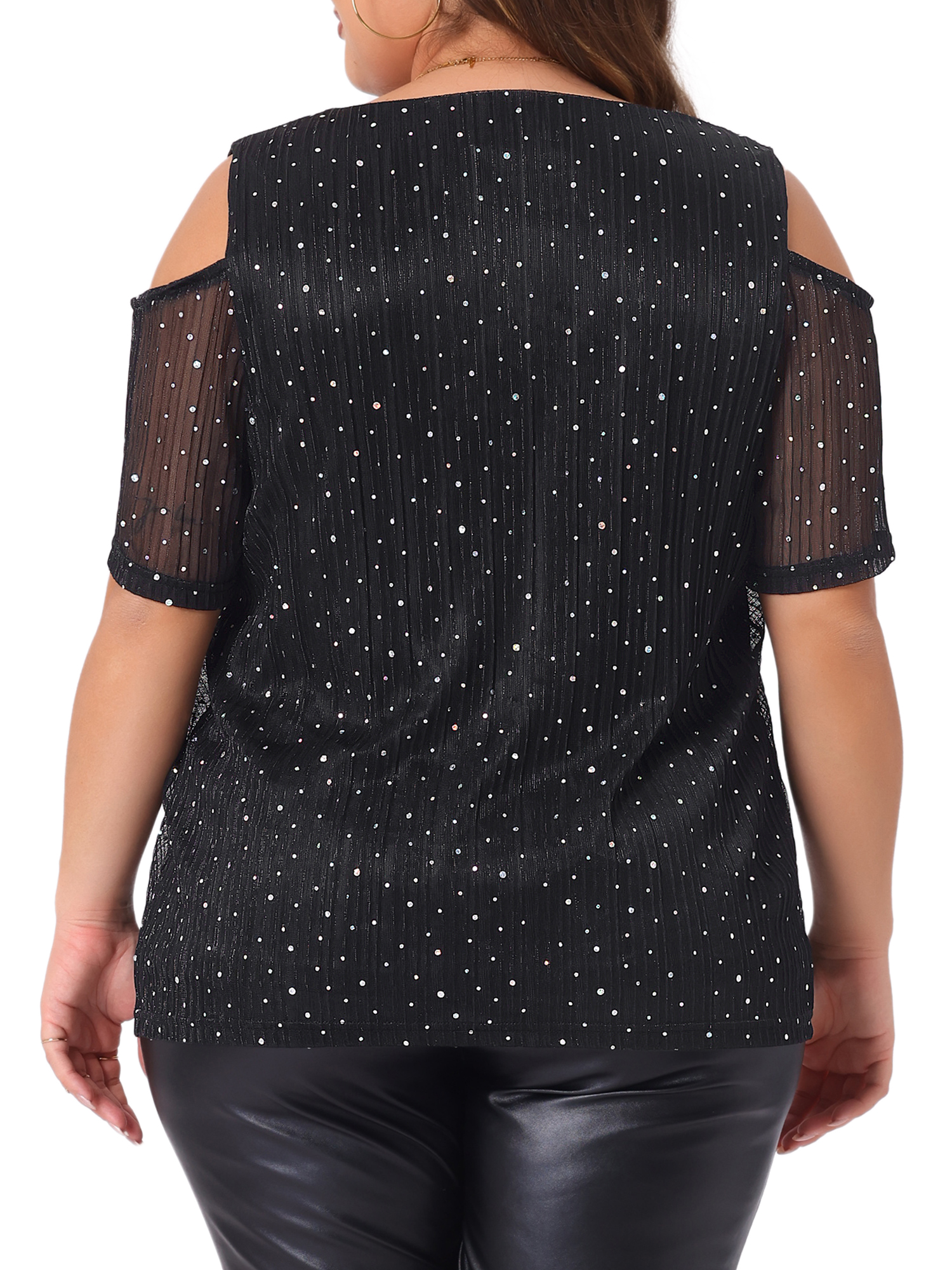 Women's Plus Glitter Sequin Cold Shoulder Short Sleeve Party Blouse 2X Black