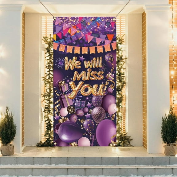 1 Pc We Will Miss You Door Banner Balloons Gifts Fireworks Ribbons Gradient Sparkleand Colorful Flags Background Fabric for Going-Away Party Theme Supplies 35.4x72.8 Inch(90x185cm)