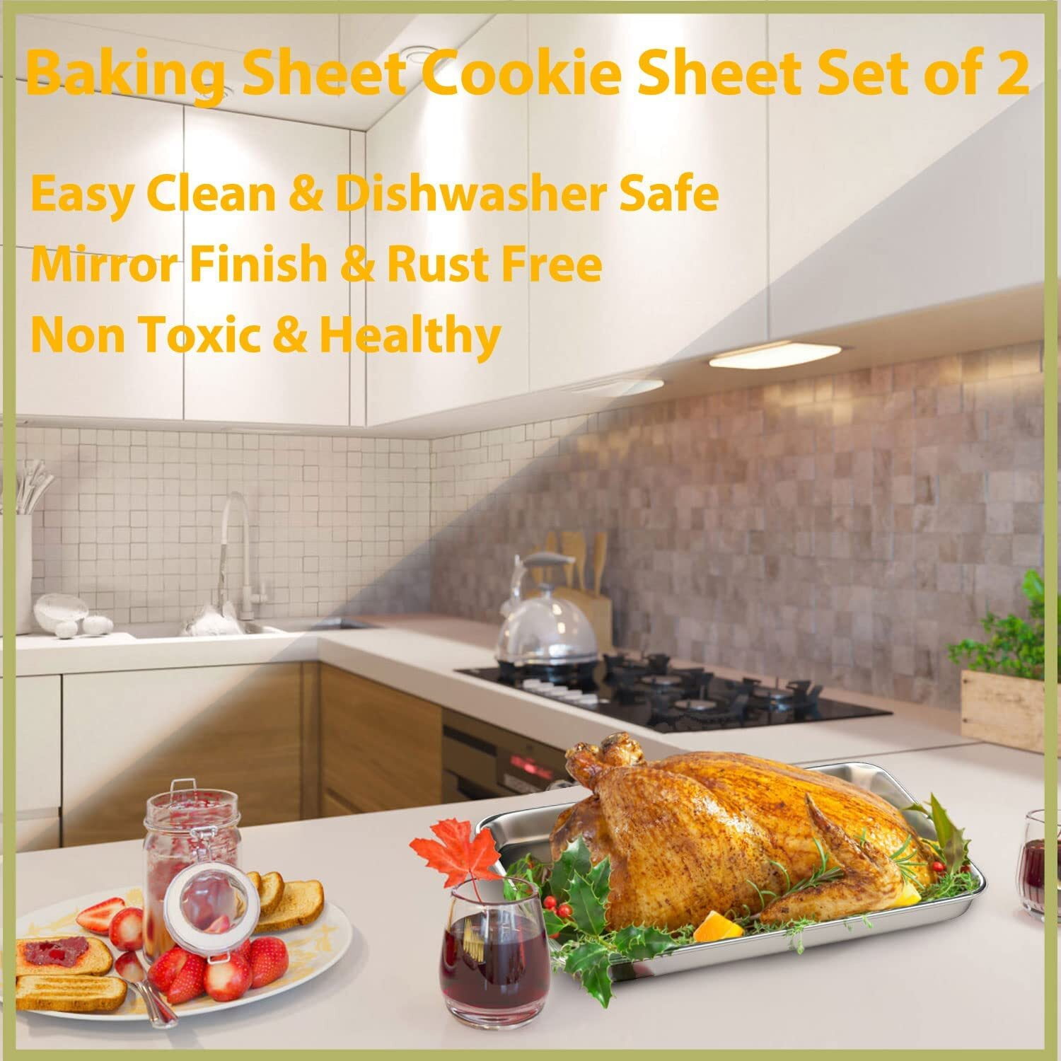 Baking Sheet Cookie Sheet Set of 2, GoXteam Stainless Steel Baking Pans Tray Professional 10 inch, Non Toxic & Healthy, Mirror Finish & Rust Free, Easy Clean & Dishwasher Safe