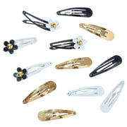 Claire's Floral Snap Hair Clips, Featuring Classic Black, White, and Shiny Gold Metallic Style, High Contrast Flower Design Make Ideal Hair Accessories for Fine Hair, 12-Pack