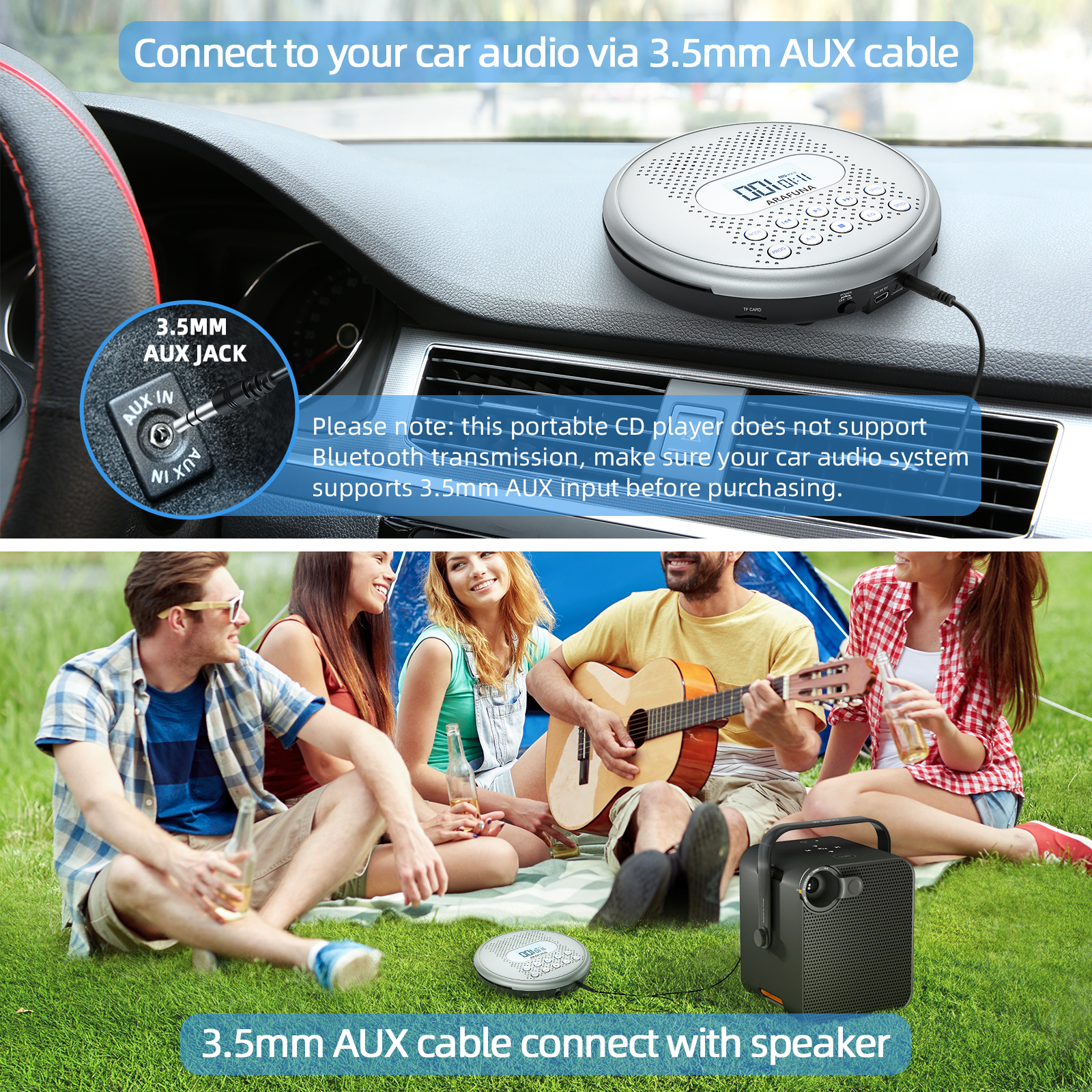 ARAFUNA CD Player Portable, Rechargeable Portable CD Players for Car with Speakers, Anti-Skip Small CD Player with Backlit Button, LCD Display and AUX Cable