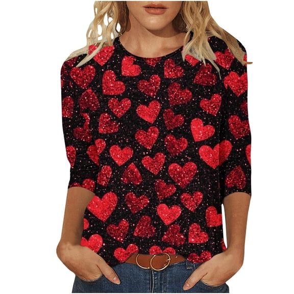 mihongmao Valentine Shirts for Women Plus Size Round Neck Ladies' Casual Day Printed Round Neck Three Quarter 3/4 Sleeve T-shirt Loose Top Quarter Round Neck Top/shirt Multicolor 5X