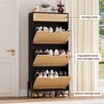 thumbnail image 6 of FOLDLIFE Rattan 3-Tier Slim Shoe Cabinet with 3 Flip Drawers and Metal Leg,Farmhouse Freestanding Rattan Shoe Storage Organizer, Narrow Shoe Rack, Hidden Wood Design,Black+Oak, 6 of 9