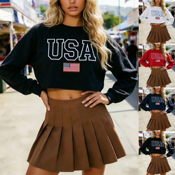 SOFTCCLO USA Sweatshirt Women Long Sleeve Crewneck Flag Print Crop Loose Casual Hoodless Sport Sweatshirt Black L