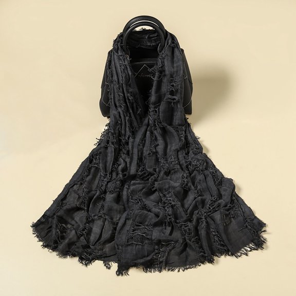 Aueoeo Men's Soft Lightweight Scarves Warm Crinkle Fashion Warm Fall Winter Spring Scarf Plain Weave Tassel Scarf Black