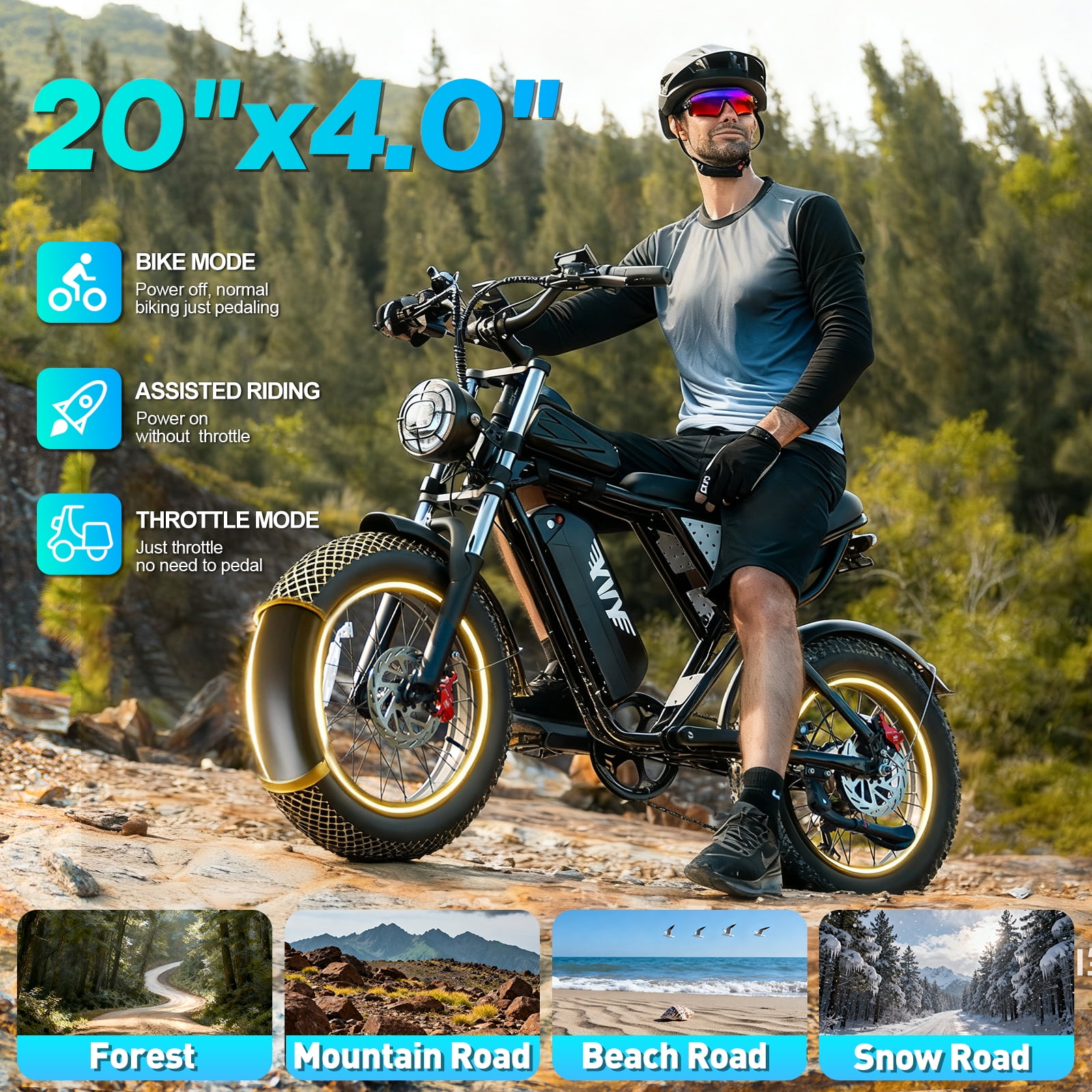 Peak 1000W Electric Bike for Adults,Up to 70Miles,48V 15.6AH Removable Battery, 7 Speed Mountain Bike ,20'' Fat Tire Electric Bicycle UL2849