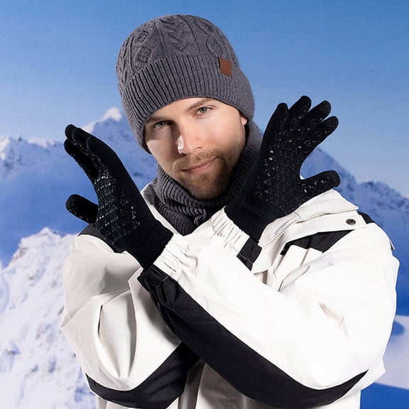 ZHOGXU Winter Beanie Hat Scarf Gloves Set For Men Thick Caps Long Scarf Touchscreen Gloves Solid Color Knitted Warm Comfortable Outfits 3 Pack For Daily Wear Grey One Size