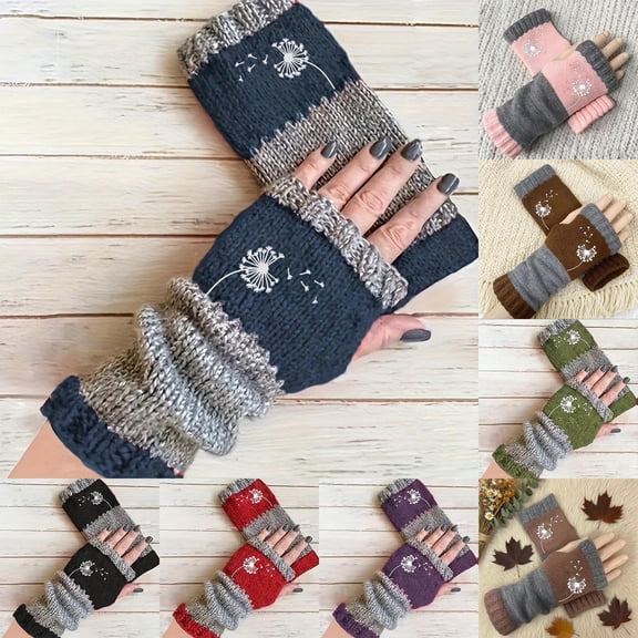 Umfun Women's Fingerless Knit Gloves with Embroidery Warm Half Finger Hand Warmer Cozy Textured Winter Mittens for Typing Driving Daily Casual Wear