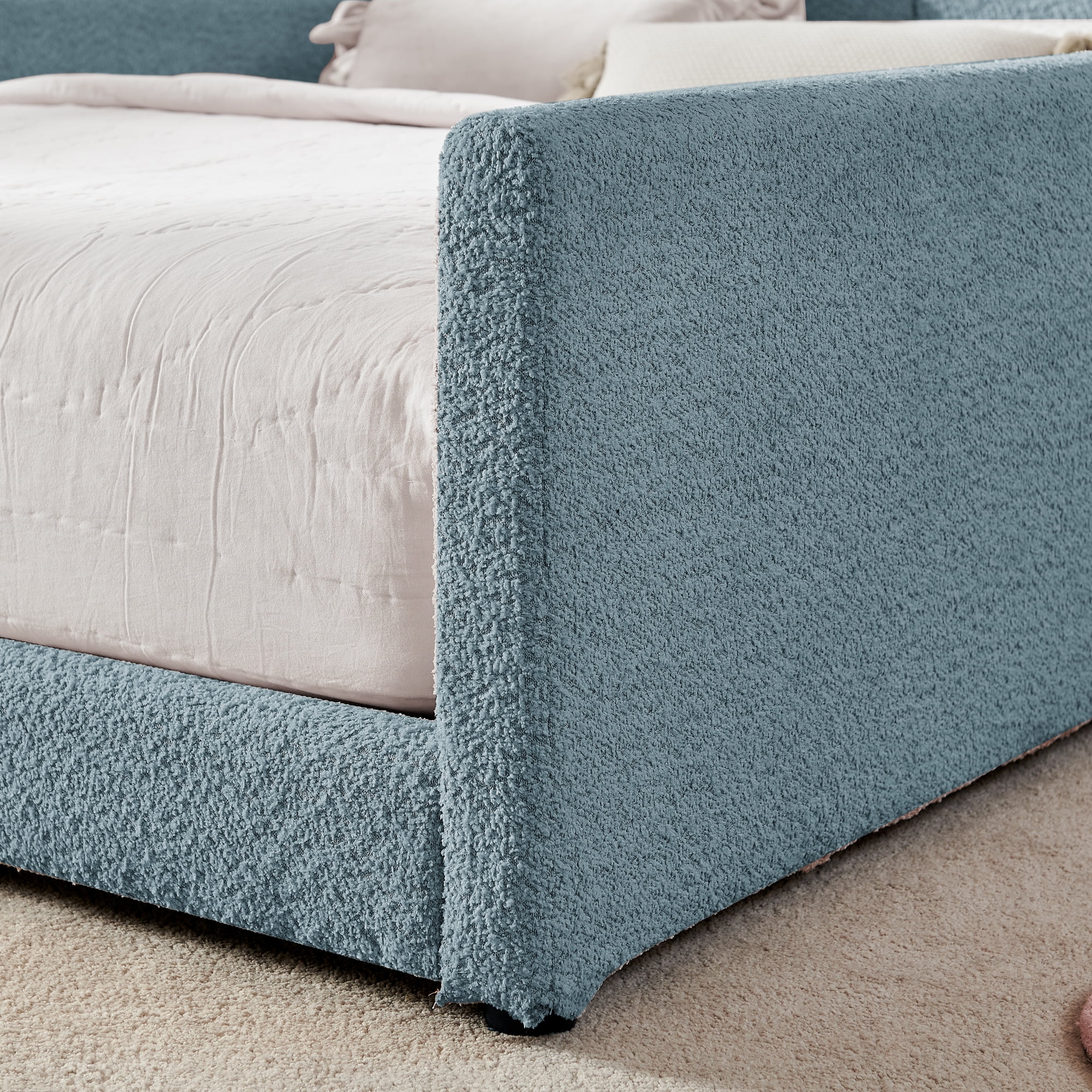GARITIN Full Size Upholstered Platform Bed, Rabbit Ear Shaped Headboard with Safety Rail and Pocket for Kids Room, Sky Blue