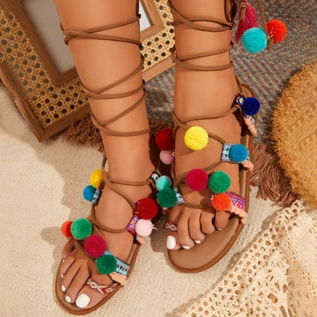 

FZM Women shoes Women Bohemian Sandals Leather Flats Shoes Pom-Pom Strappy Sandals