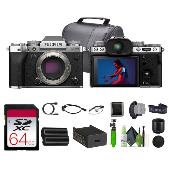FUJIFILM X-T5 Mirrorless Camera (Silver) Bundle With 64GB Memory Card   Cleaning kit   Micro HDMI Cable   Vlogging Tripod   Camara Bag   More Accessories