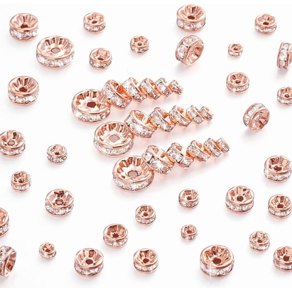 120 Pcs Brass Rondelle Rhinestone Spacer Beads Diameter 4/5/6/7/8/10mm for Jewelry Making Rose Gold Rose Gold
