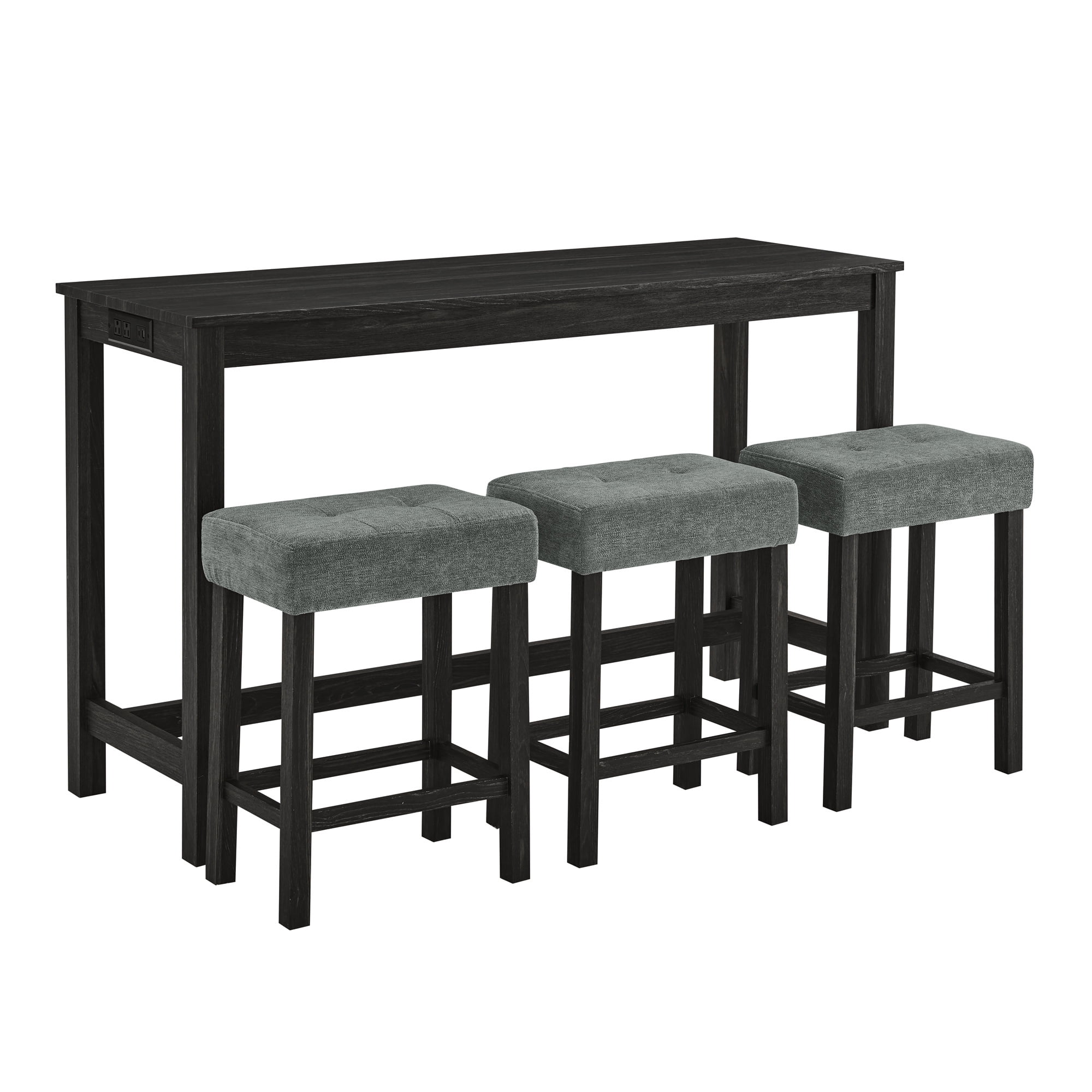4 Piece Bar Table Set with Power Outlet,Rustic Counter Height Bar Dining Table with 3 Upholstered Stools,Kitchen Table Set for Living Room, Dining Room, Game Room,Black