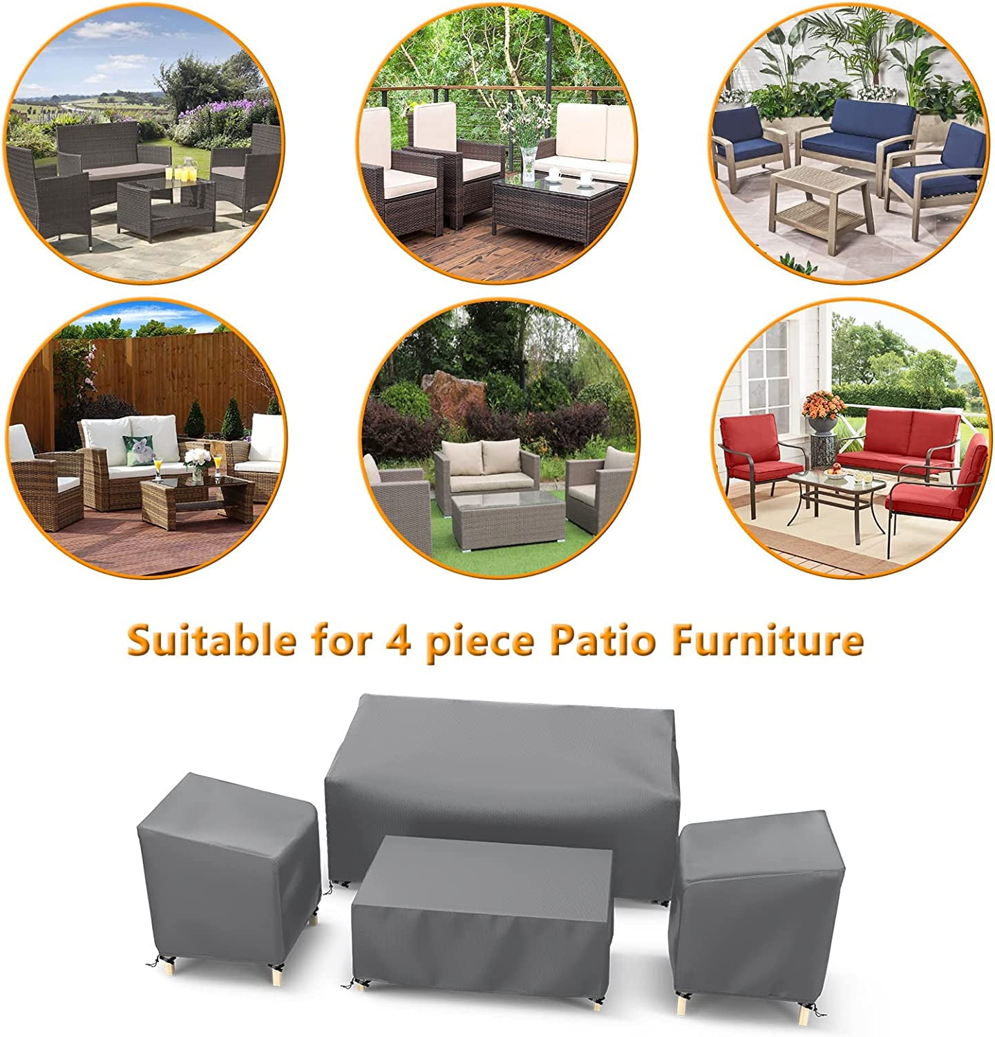 Outdoor Waterproof Patio Furniture Covers 4-Piece Set for Chairs, Loveseat and Coffee Table, Heavy Duty 600D, Grey