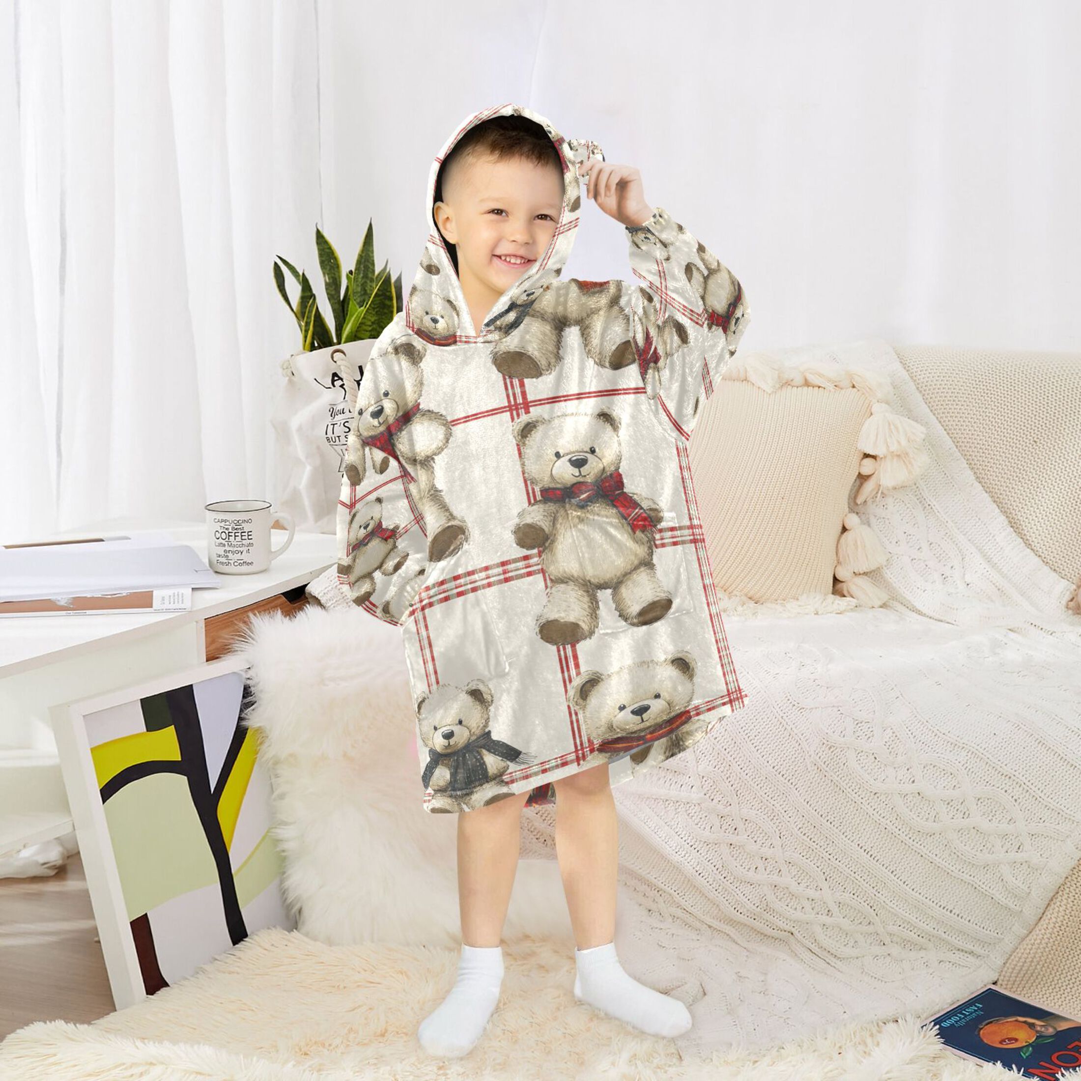 YAZAOO Kids Wearable Blanket Hoodie Warm and Cozy Bear Hugs and Checkered Love Flannel Sweatshirt
