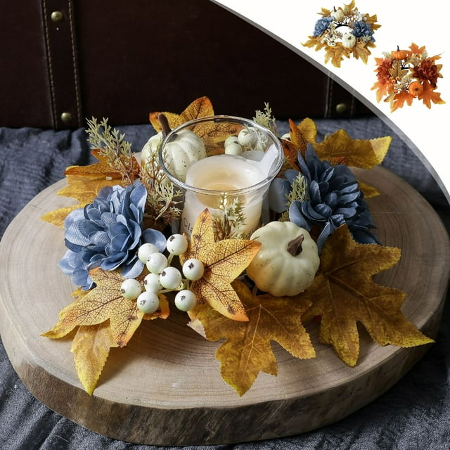 Corona de velas de Halloween de Acción de Gracias | Anillo de hoja de arce y calabaza | Decoración de mesa aromática | 9,84 pulgadas de plástico floral sintético naranja amarillo | Pieza de centro