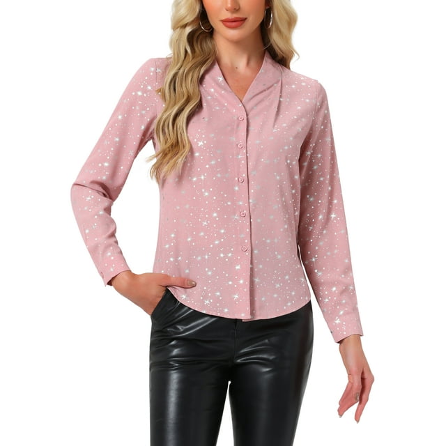 Camisa de manga larga con cuello alto Allegra K para mujer, estrellas metálicas, color rosa claro
