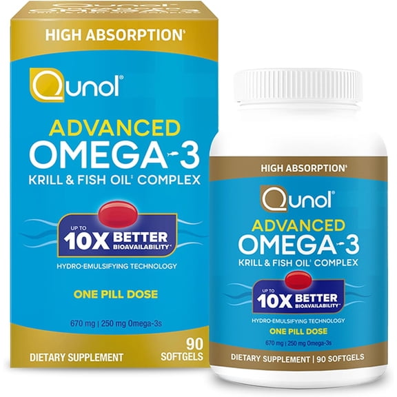 Qunol Advanced Omega 3 Krill and Fish Oil Complex, 10x Better Bioavailability, One Pill Dose, 250mg EPA & DHA, Supports Brain, Eye, Heart and Joint Health, 90 Count (Pack of 1)