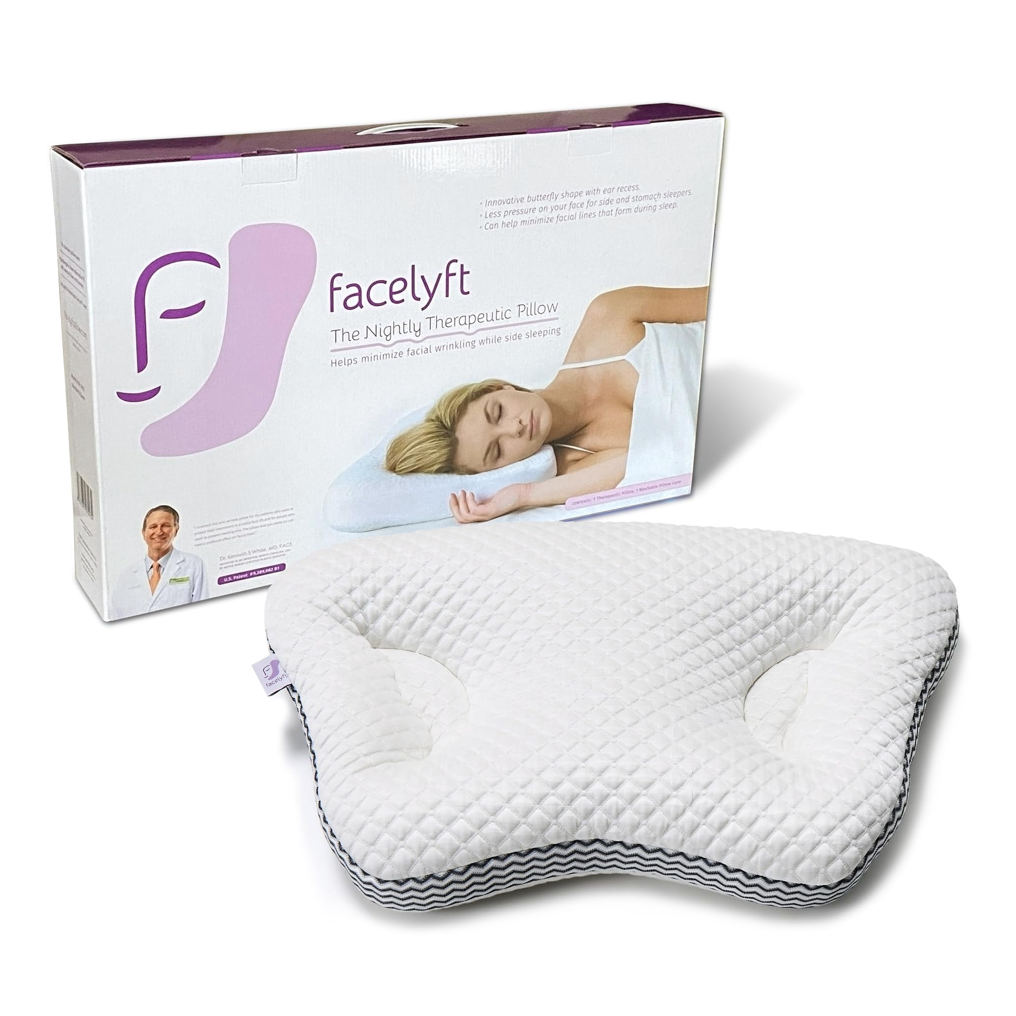 FaceLyft Pillow - Facial Sleep-Wrinkle Prevention Device, Patented Ear-Recess Design, Designed for Side and Stomach Sleepers, Double Sided, Cooling Gel, Tencel? - The New Age Fiber casing