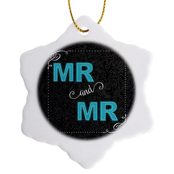 3drose, Mr and Mr Gay Wedding in Turquoise Blue and Chalkboard Theme, 3 inch Snowflake Porcelain Ornament